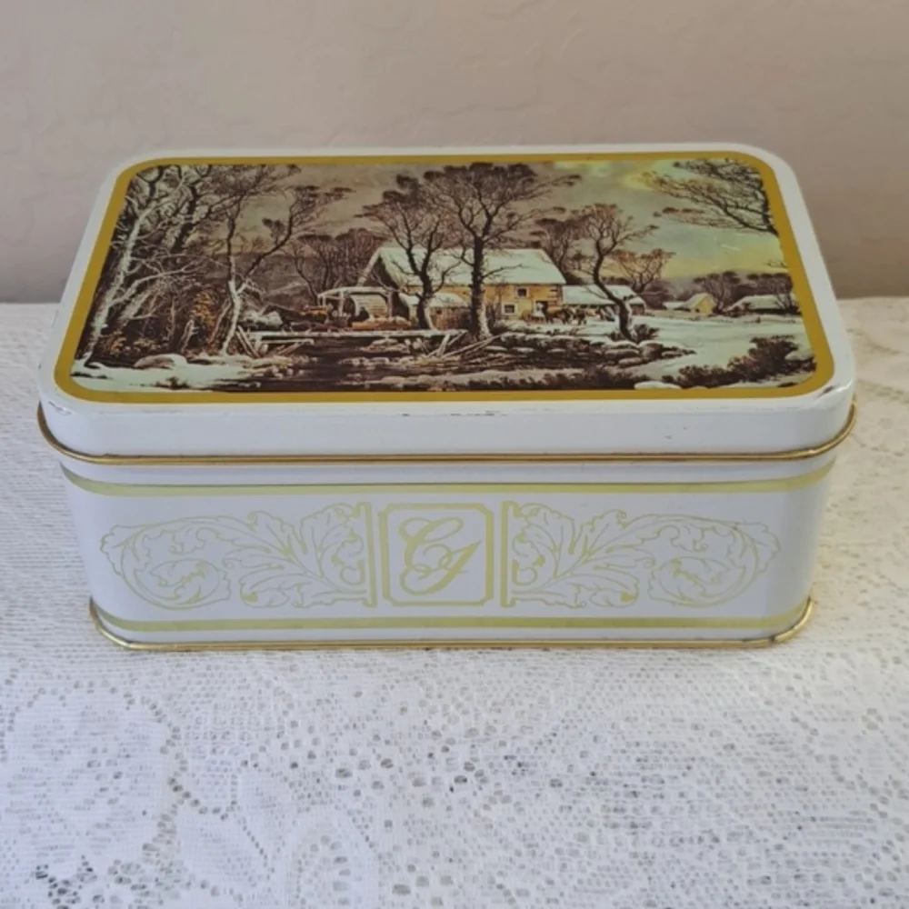Vtg Currier & Ives The Old Grist Mill Tin Storage Container Box - Tea Cookies